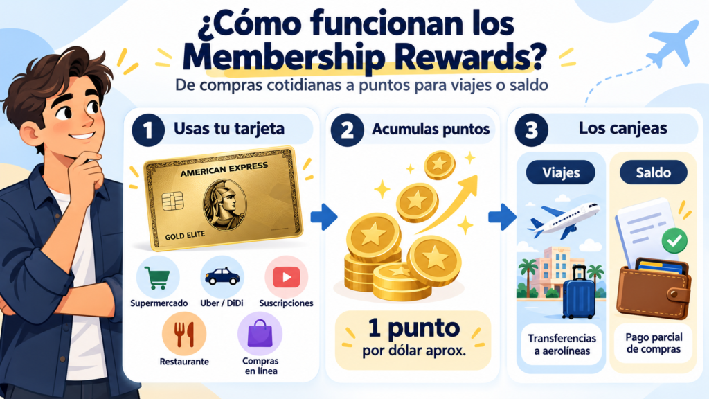 Infografía sobre cómo acumular puntos Membership Rewards con American Express Gold Elite y canjearlos por viajes o compras.
